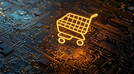 Poster - a 3d rendering of an orange and yellow neon light shopping icon, shown on a black background with a 