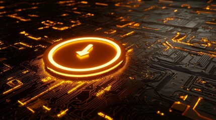 Poster - colorful neon clock symbol on a black background with high tech floor on an orange and yellow backgr