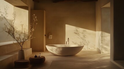 Poster - A portrait photo of a minimalist bathroom with a white countertop, neutral decor, and soft lighting, creating a calm and organized space.