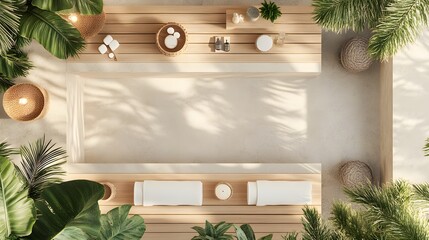 Poster - A birds-eye view of a clean and minimalist bathroom with a simple sink, neutral-colored accessories, and a single hand towel, showcasing a peaceful, uncluttered vibe.