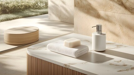 Aufkleber - A birds-eye view of a minimalist bathroom featuring a clean countertop with a soap dispenser and folded towel, creating a serene and simple space.