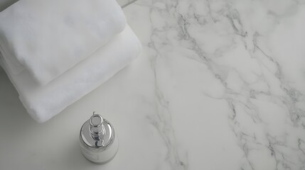 Aufkleber - A birds-eye view of a minimalist bathroom featuring a clean countertop with a soap dispenser and folded towel, creating a serene and simple space.