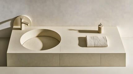 Aufkleber - A birds-eye view of a minimalist bathroom featuring a clean countertop with a soap dispenser and folded towel, creating a serene and simple space.