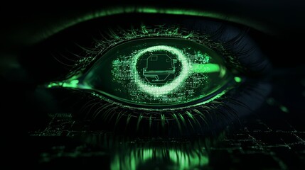 Poster - vibrant green neon light eye icon on black background with high tech floor. 3d rendering.