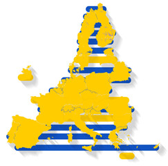 Wall Mural - stripes as rounded lines in the shape of the map of Europe, European Union, Europe, in blue and yellow as a symbol as an icon, digital or modern concept, the EU