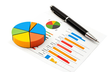 Poster - Colorful pie chart on report with pen isolated on transparent background.