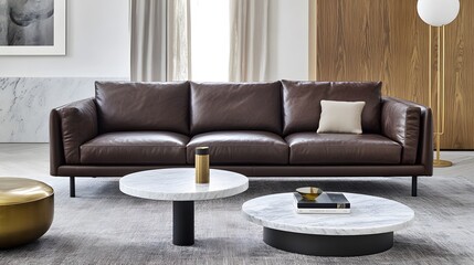 Aufkleber - A portrait photo of a sleek modern living room featuring a leather sofa, a marble table, and minimalist gold decor for a luxurious yet simple design.