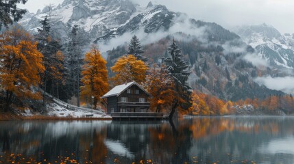 Wall Mural - A cabin is on a lake surrounded by trees