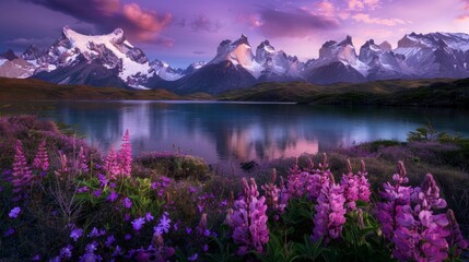 Poster - A beautiful landscape with a lake and mountains in the background