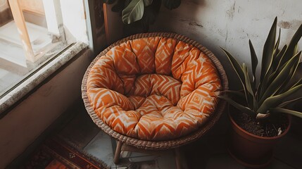 A closeup photo of a minimalist outdoor lounge chair on a balcony, with a soft cushion and a single plant, creating an elegant and calm space.