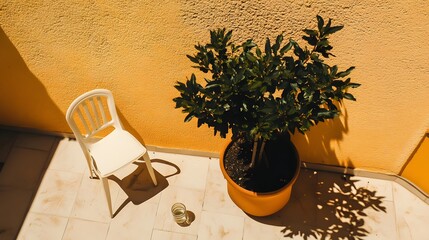 Aufkleber - A birds-eye view of a clean and simple balcony featuring a single chair, a glass of water, and a small plant, creating a calm and luxurious outdoor atmosphere.