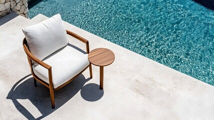 Aufkleber - A birds-eye view of a luxury balcony featuring a simple side table, a stylish chair, and a soft cushion, creating a clean and serene outdoor space.