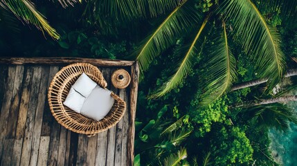 Aufkleber - A birds-eye view of a luxury balcony featuring a simple side table, a stylish chair, and a soft cushion, creating a clean and serene outdoor space.