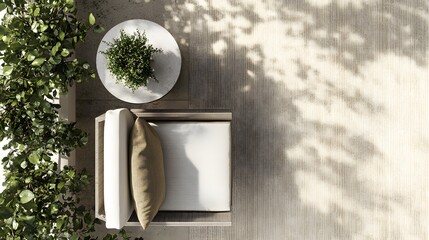 Aufkleber - A birds-eye view of a luxury balcony featuring a simple side table, a stylish chair, and a soft cushion, creating a clean and serene outdoor space.