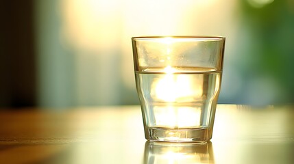 Poster - A closeup shot of a glass of water placed on a minimalist kitchen island, with soft natural light reflecting off the surface, creating a calm and serene atmosphere.