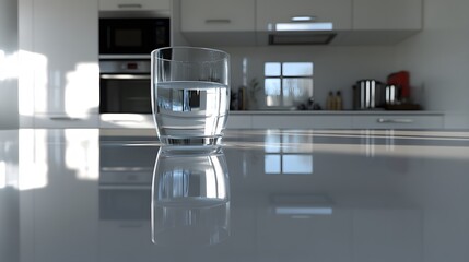 Poster - A closeup shot of a glass of water placed on a minimalist kitchen island, with soft natural light reflecting off the surface, creating a calm and serene atmosphere.