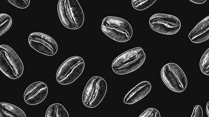 coffee beans seamless pattern with white lines on black background