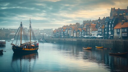 Wall Mural - A quaint harbor town with a sailboat in the foreground, surrounded by traditional houses, a beautiful reflection of the sky in the water.