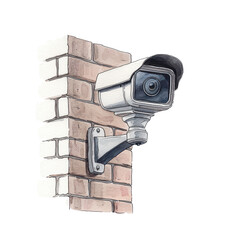Poster - Security camera mounted on brick wall isolated on transparent background.