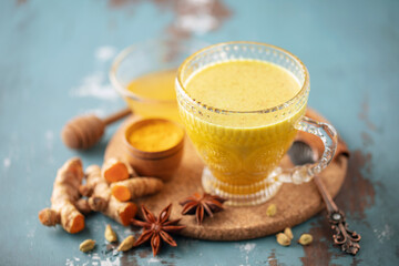 Golden Cinnamon  Turmeric Milk. Trendy hot Healthy drink with turmeric roots and spices. Indian Masala Haldi Doodh.