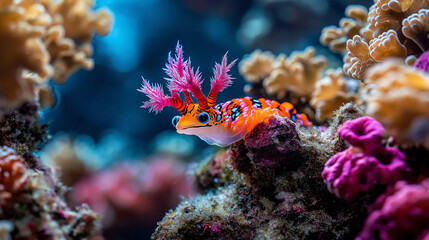 close-up of a vibrant nudibranch on a coral