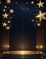 golden stars on top of the stage and the background is a dark night sky full of shining stars