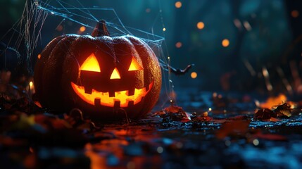 Poster - Halloween themed decorations with carved pumpkin spider web ghost bats and glowing light in dark atmosphere