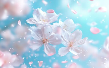 Wall Mural - A soft blue background with delicate white flowers and pink petals, creating an ethereal atmosphere The flowers float gently in the air, adding a touch of whimsy to the scene Generative AI