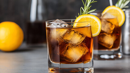 two glasses of Cuba Libre cocktail with ice cubes and lemon on bar counter, Mixed drinks on counter. Whiskey-cola, cuba libre cold drinks with rosemary and orange slices