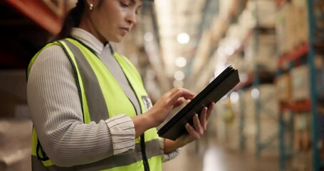 Poster - Woman, logistics and inspection with tablet in storage warehouse for supply chain or shipping industry. Female person, engineer or contractor working on technology for checklist on inventory at depot