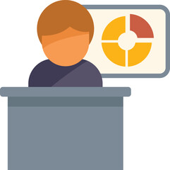 Sticker - Businessman making a presentation about growth, sitting behind a desk and showing a pie chart