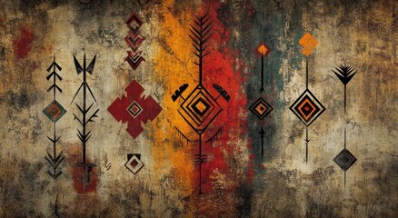 Wall Mural - Abstract tribal pattern design on a grunge background in shades of red, orange, yellow, blue, green, and black.