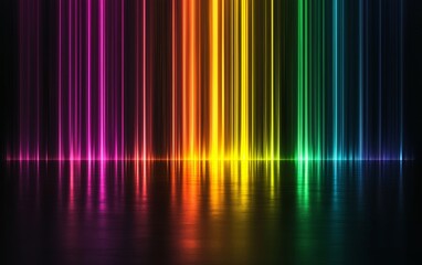 Bright rainbow light lines shining vertically, creating a gradient of vibrant colors on a dark background, representing energy and modern design