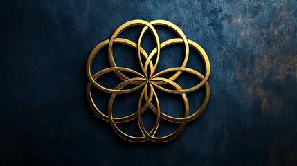 Seed of Life sacred geometry symbol, a gold luxury design for meditation, on a dark blue background.