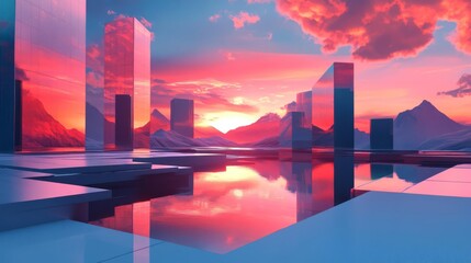 A stunning futuristic landscape featuring reflective surfaces and vibrant sunset colors over majestic mountains and serene waters.