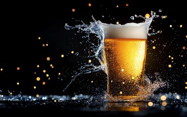 Cold beer with foam splashing out of the glass, rich golden liquid, black background, party celebration concept, crisp detail, dynamic movement, high-speed capture