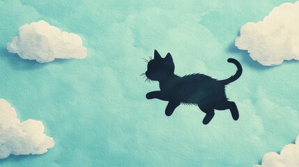 Cat silhouette flying among clouds, paper art style