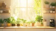 © Melon - Bright kitchen scene filled with potted plants, sunlight streaming through the window, creating a warm and inviting atmosphere.