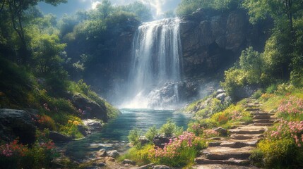 Sticker - Serene Waterfall in a Lush Forest