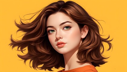 Vibrant portrait of a young woman with brown hair and striking green eyes against a cheerful yellow backdrop