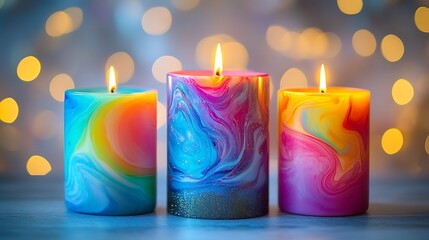 Three colorful candles burning with blurred lights in the background.