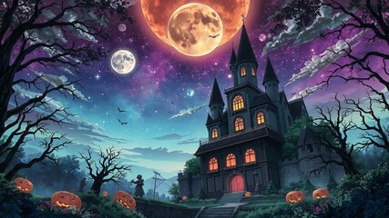 Wall Mural - halloween night scene with bats, pumpkins, moon light with castle background