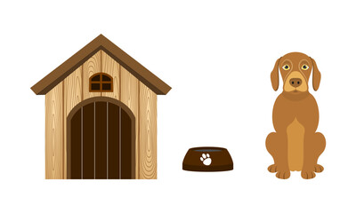 pet dog and wooden dog house set vector illustration isolated on white background.