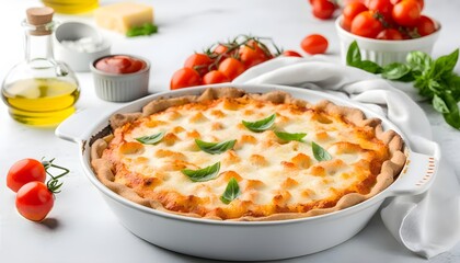 Delicious freshly baked pizza topped with tomato sauce and melted cheese beside an inviting open oven