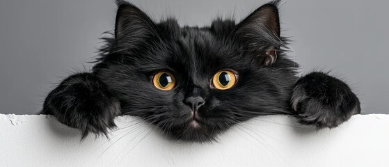 Wall Mural -  A black cat with yellow eyes hides behind a white wall, paws poised at the edge