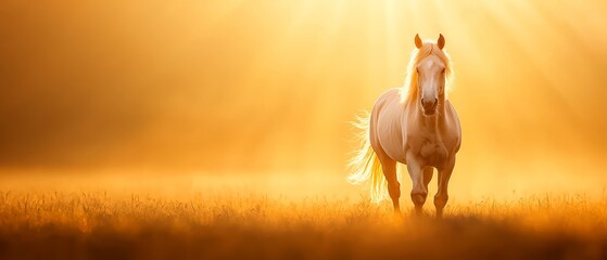 Wall Mural -  A white horse gallops through a sunlit field, its mane streaming behind, head held high as the sun shines upon its back