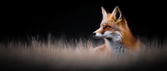 Poster -  A red fox's head against a black backdrop, tightly framed by tall grass in a close-up