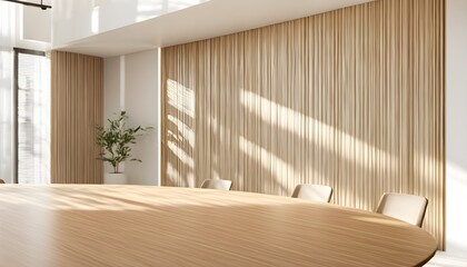 Wall Mural - Bright and inviting modern conference room featuring wooden accent walls and abundant natural light in a sleek contemporary office environment