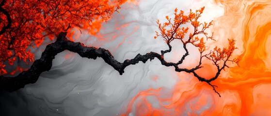 Canvas Print -  A tree painting featuring orange and white swirled bark, with a black branch displaying similar orange and white swirls