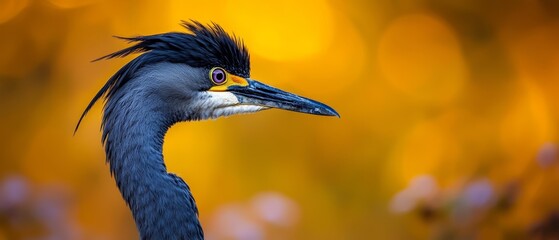 Sticker -  A close-up of a bird with a very long neck against a yellow background